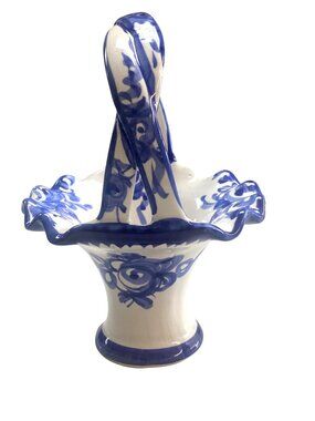 Hand-Painted Portuguese Ceramic Basket With Blue Floral Design